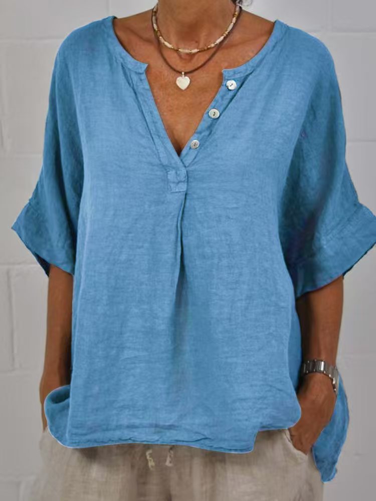 Tunique "Esmée" Chemise en Lin et Coton à Col V et Boutons Nacre