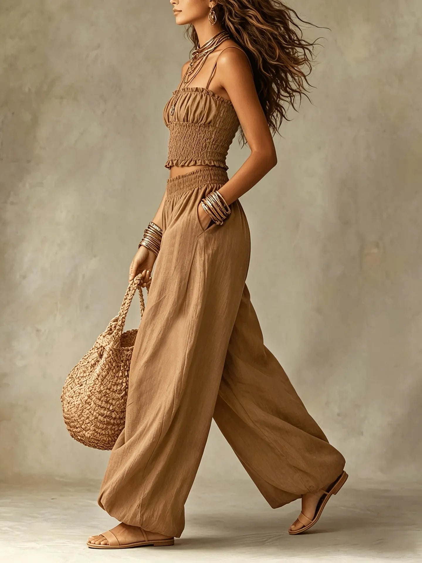 Lénaïc – Ensemble Crop Top Smocké et Pantalon Bouffant