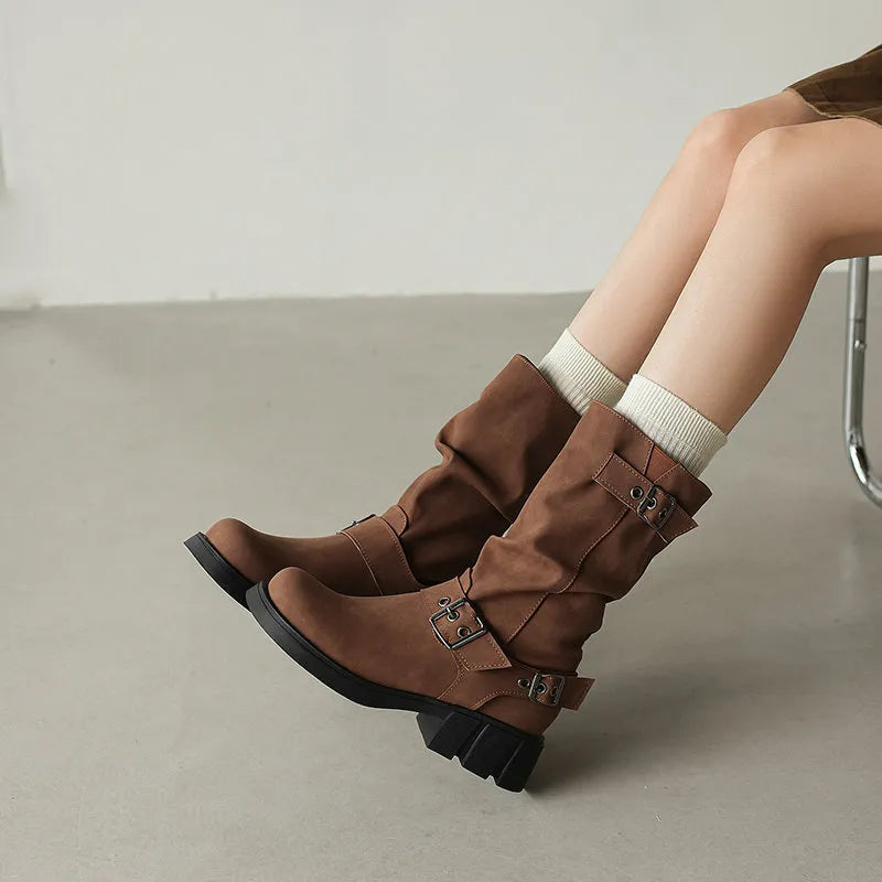 Bottes Mi-Mollet Rétro Style Western à Plateforme