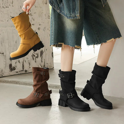 Bottes Mi-Mollet Rétro Style Western à Plateforme