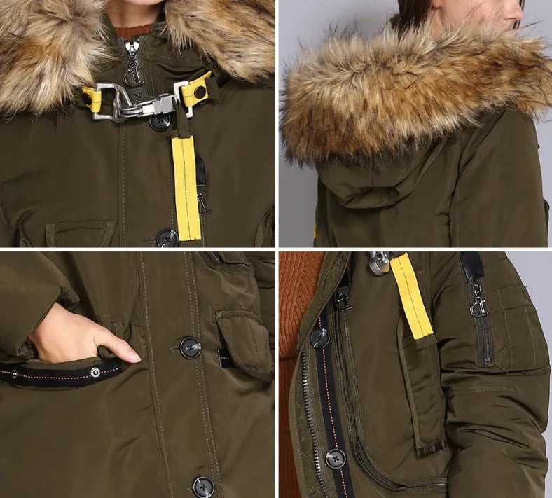 Parka Chaude à Capuche en Fourrure et Multi-Poches