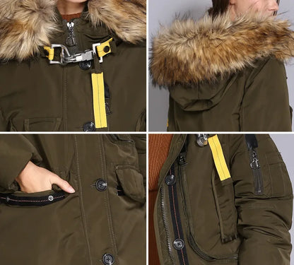 Parka Chaude à Capuche en Fourrure et Multi-Poches
