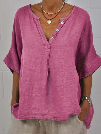 Tunique "Esmée" Chemise en Lin et Coton à Col V et Boutons Nacre