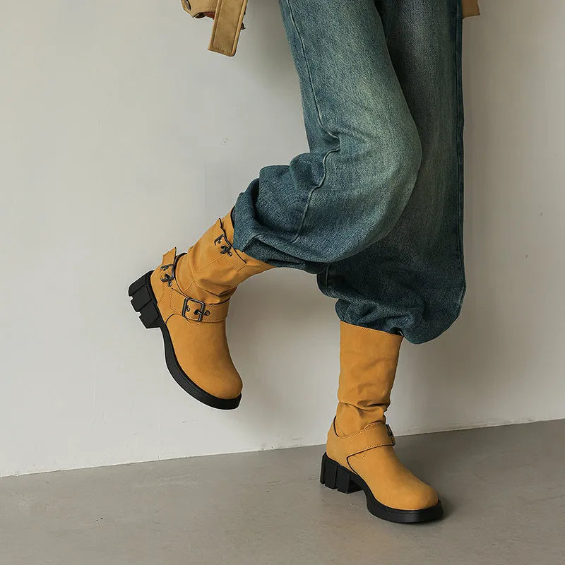 Bottes Mi-Mollet Rétro Style Western à Plateforme