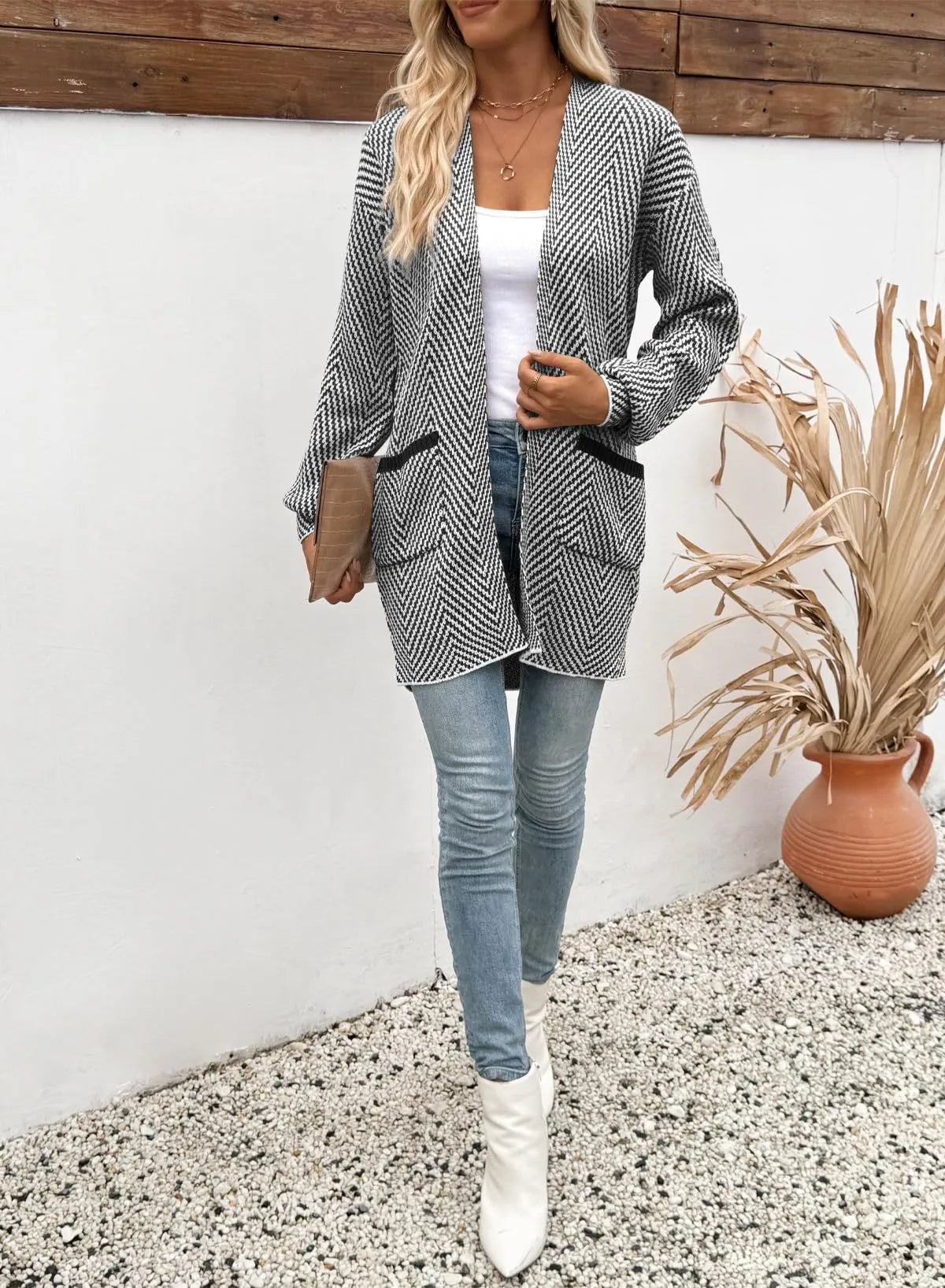 Gilet Long en Maille à Motifs Chevrons