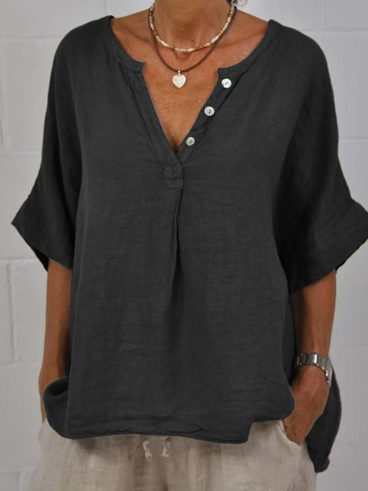 Tunique "Esmée" Chemise en Lin et Coton à Col V et Boutons Nacre