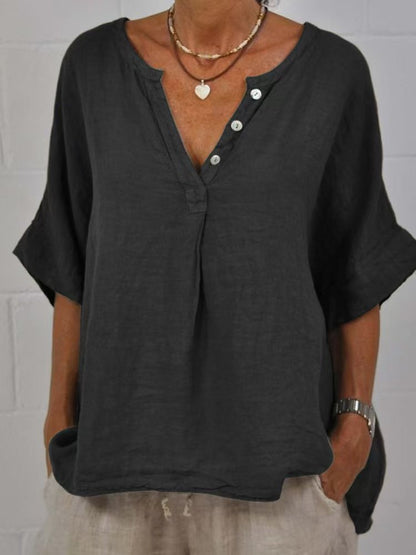 Tunique "Esmée" Chemise en Lin et Coton à Col V et Boutons Nacre