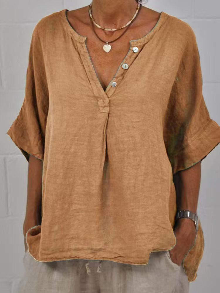 Tunique "Esmée" Chemise en Lin et Coton à Col V et Boutons Nacre