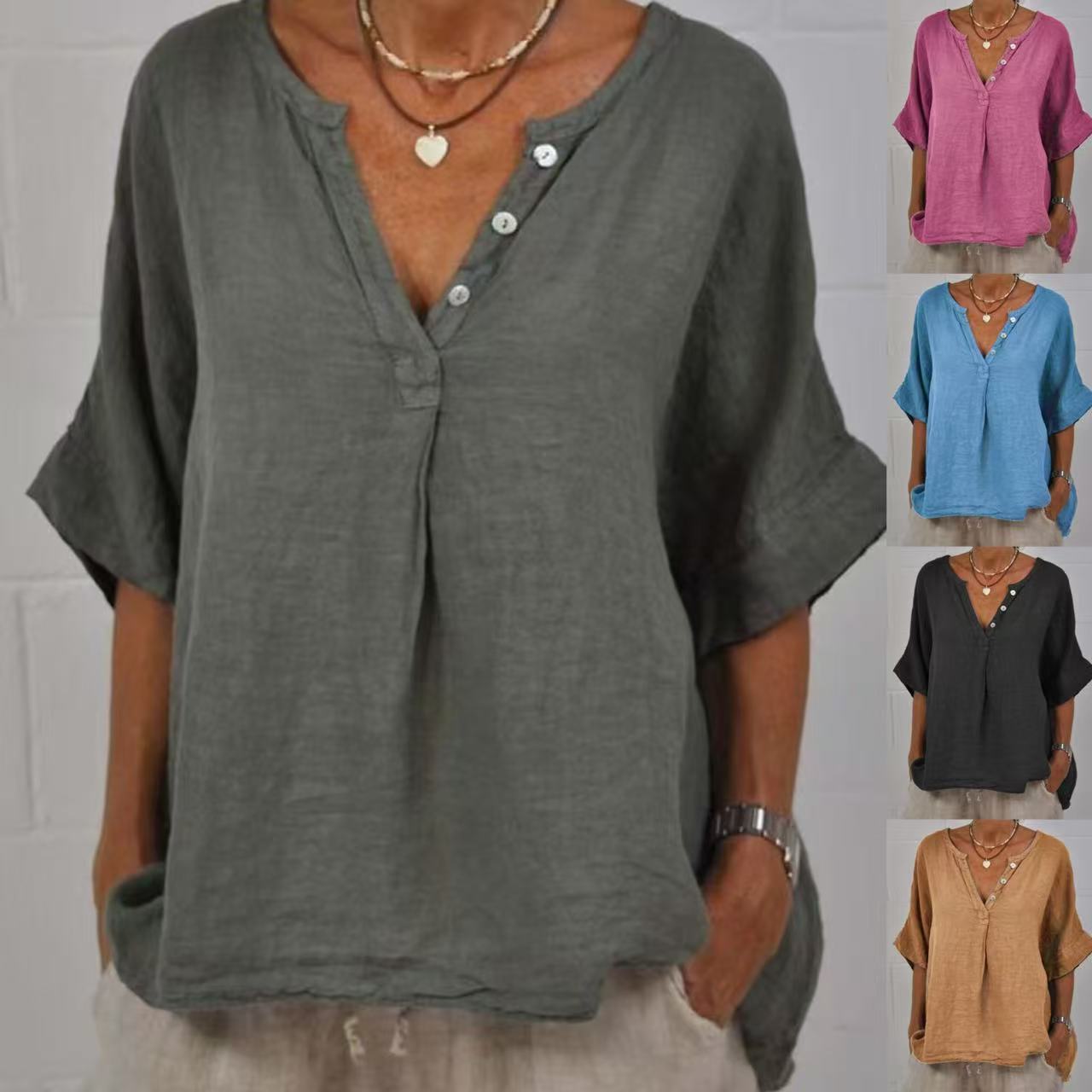 Tunique "Esmée" Chemise en Lin et Coton à Col V et Boutons Nacre
