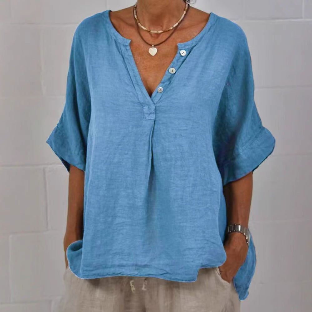 Tunique "Esmée" Chemise en Lin et Coton à Col V et Boutons Nacre