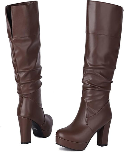 Bottes Hautes Imperméables Style Cavalière à Talon Épais et Revers