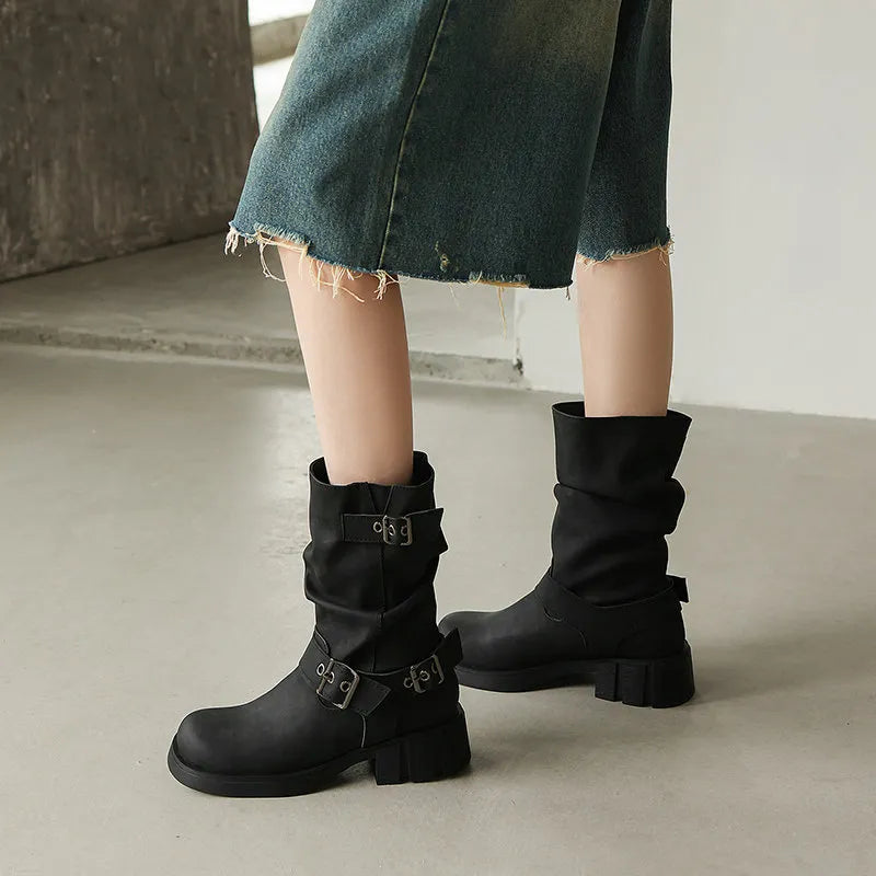 Bottes Mi-Mollet Rétro Style Western à Plateforme