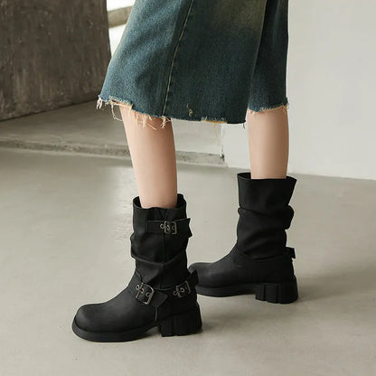Bottes Mi-Mollet Rétro Style Western à Plateforme
