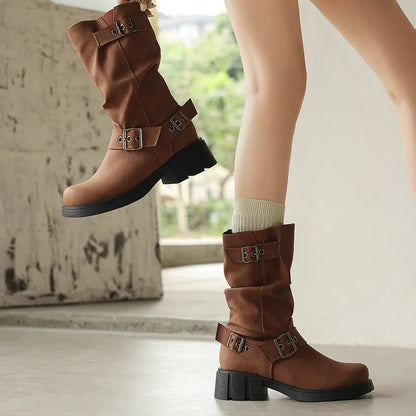 Bottes Mi-Mollet Rétro Style Western à Plateforme
