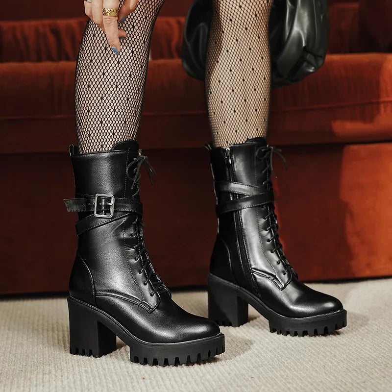 Bottines à Talons Épais et Lanières à Boucle