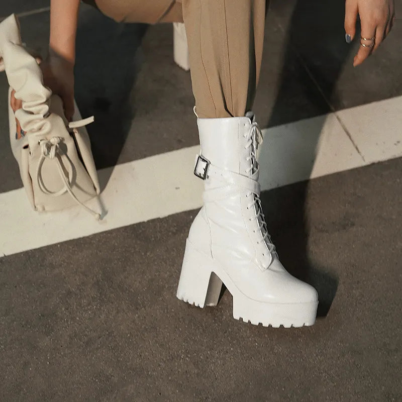 Bottines à Talons Épais et Lanières à Boucle