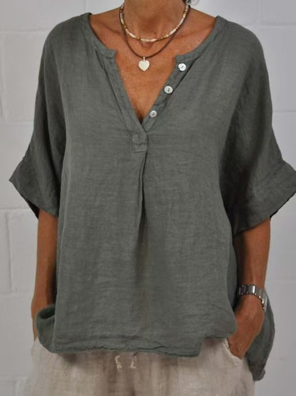Tunique "Esmée" Chemise en Lin et Coton à Col V et Boutons Nacre