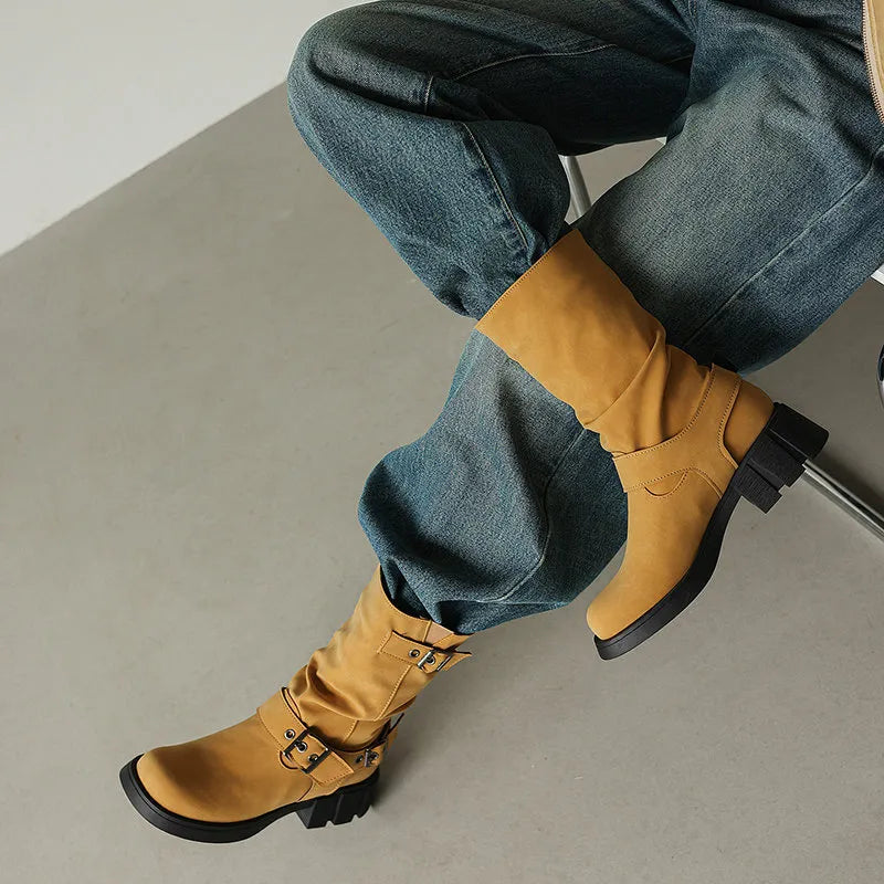 Bottes Mi-Mollet Rétro Style Western à Plateforme