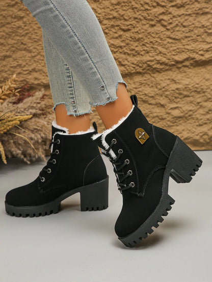 Bottines Style Martin Fourrées à Talon Épais et Lacets