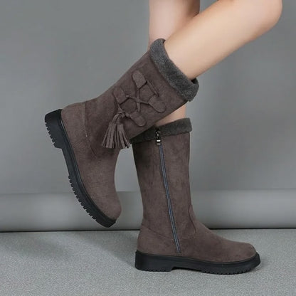Bottes Mi-Mollet Fourrées à Pompons et Semelle Épaisse