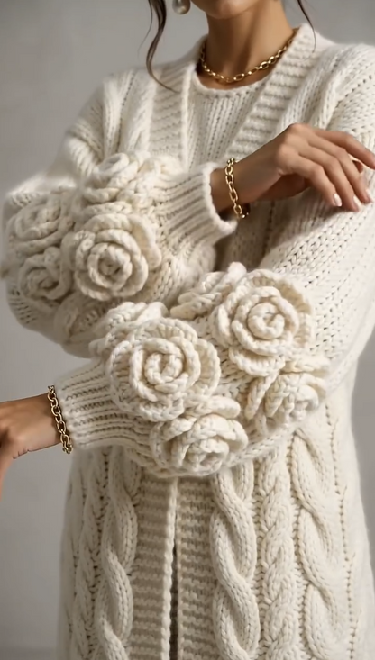 Gilet Long Torsadé à Fleurs en Reliefs