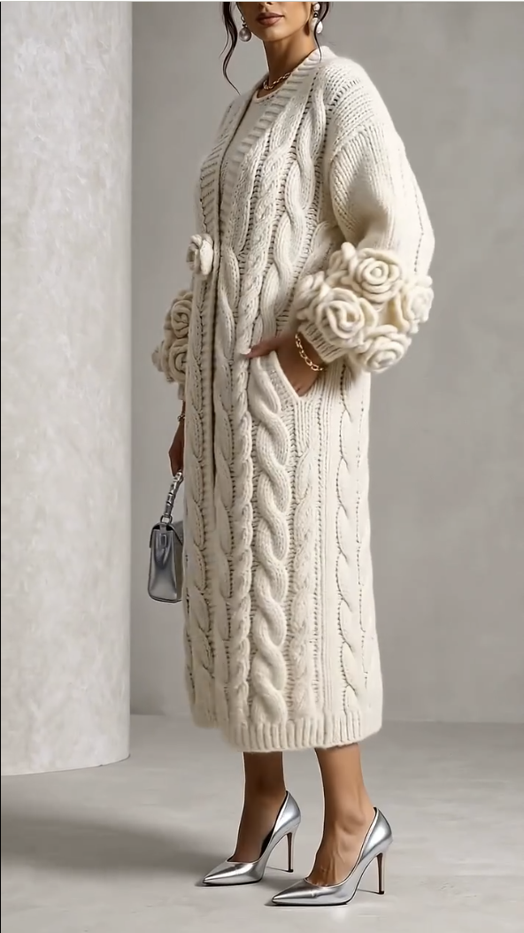 Gilet Long Torsadé à Fleurs en Reliefs