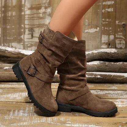 Bottines Plissées en Suédine avec Revers en Maille