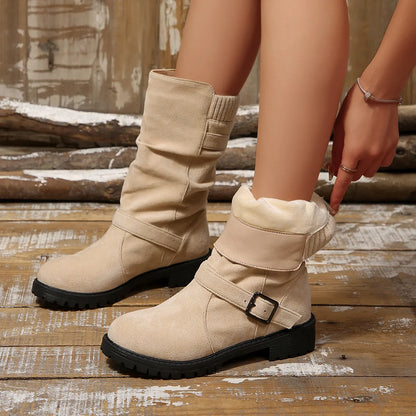 Bottines Plissées en Suédine avec Revers en Maille