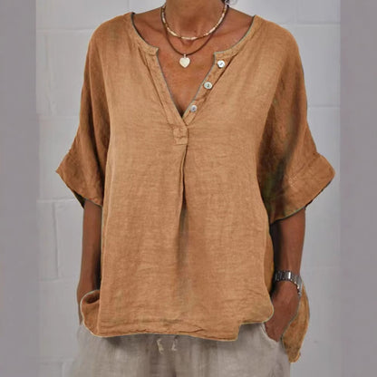 Tunique "Esmée" Chemise en Lin et Coton à Col V et Boutons Nacre