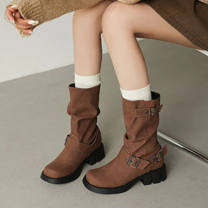 Bottes Mi-Mollet Rétro Style Western à Plateforme
