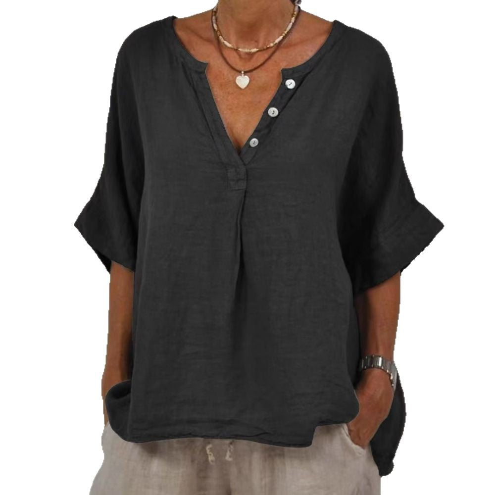 Tunique "Esmée" Chemise en Lin et Coton à Col V et Boutons Nacre