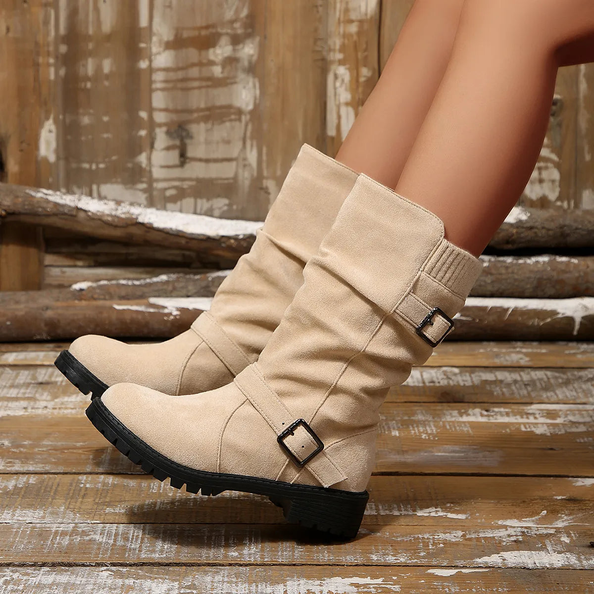 Bottines Plissées en Suédine avec Revers en Maille