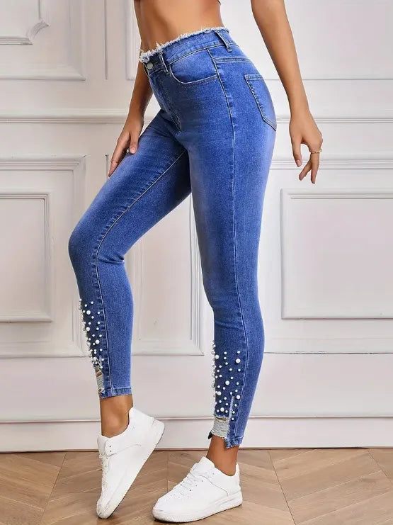 Éléonore – Jean Slim Taille Haute Orné de Perles