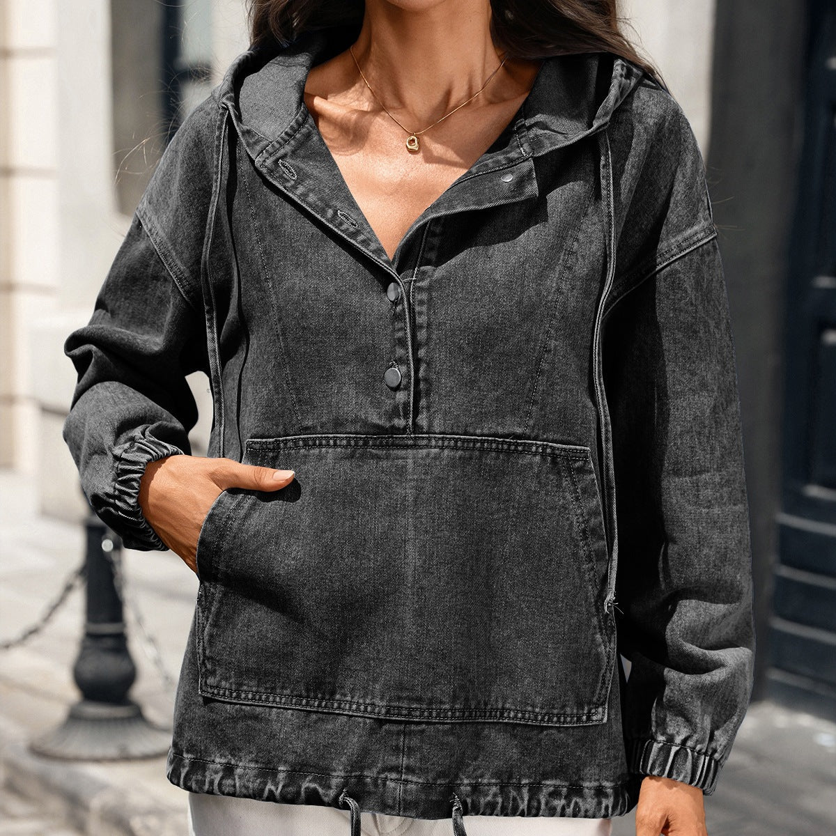 Sweat à Capuche en Denim Délavé — bleu dos