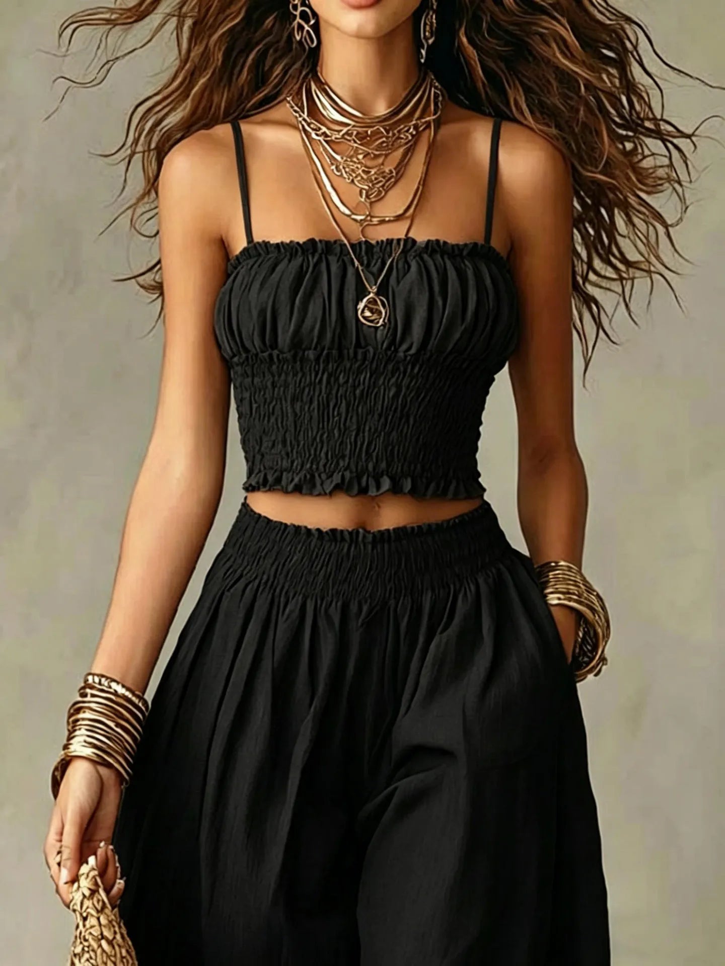 Lénaïc – Ensemble Crop Top Smocké et Pantalon Bouffant