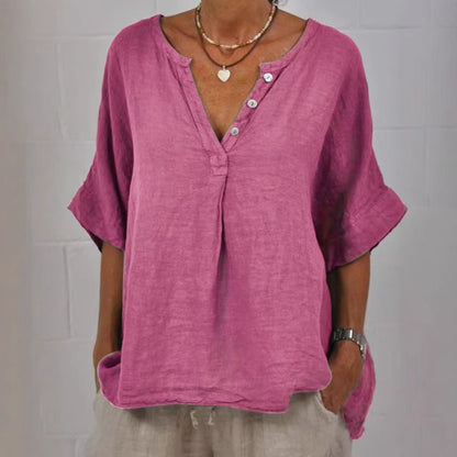 Tunique "Esmée" Chemise en Lin et Coton à Col V et Boutons Nacre