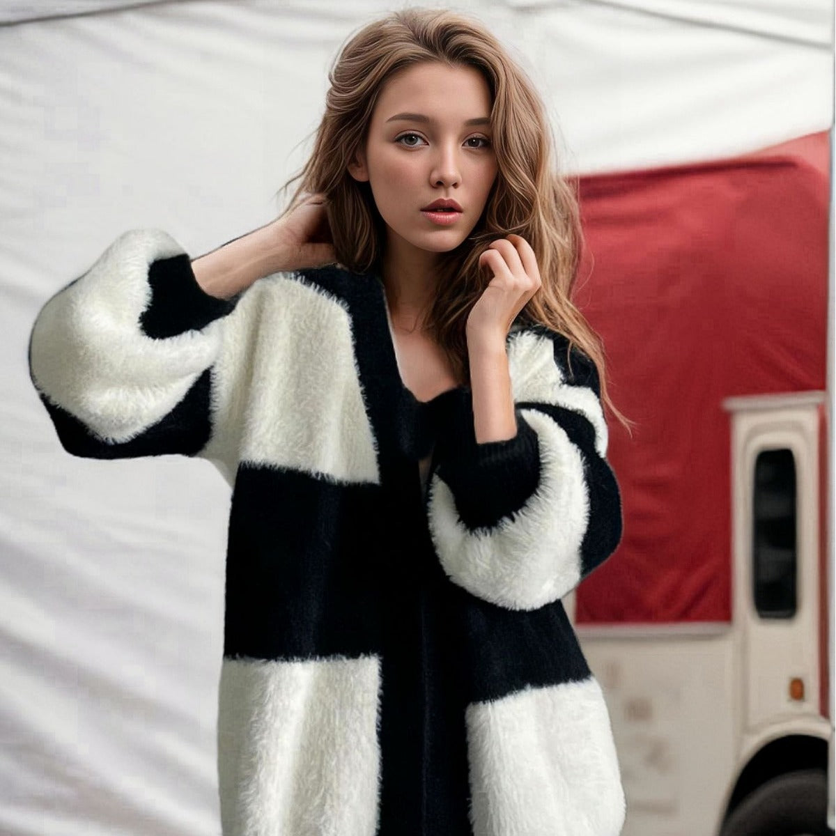 Gilet long à rayures noires et blanches porté