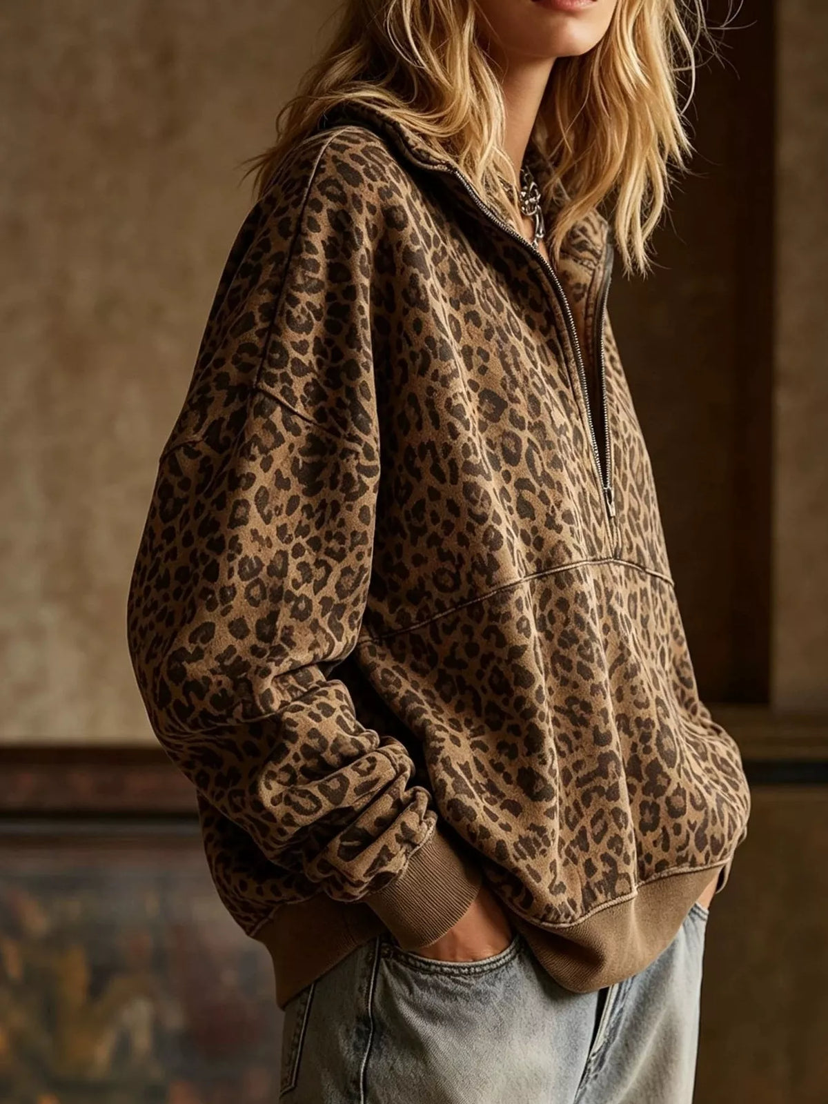 Sweat à Col Zippé Léopard