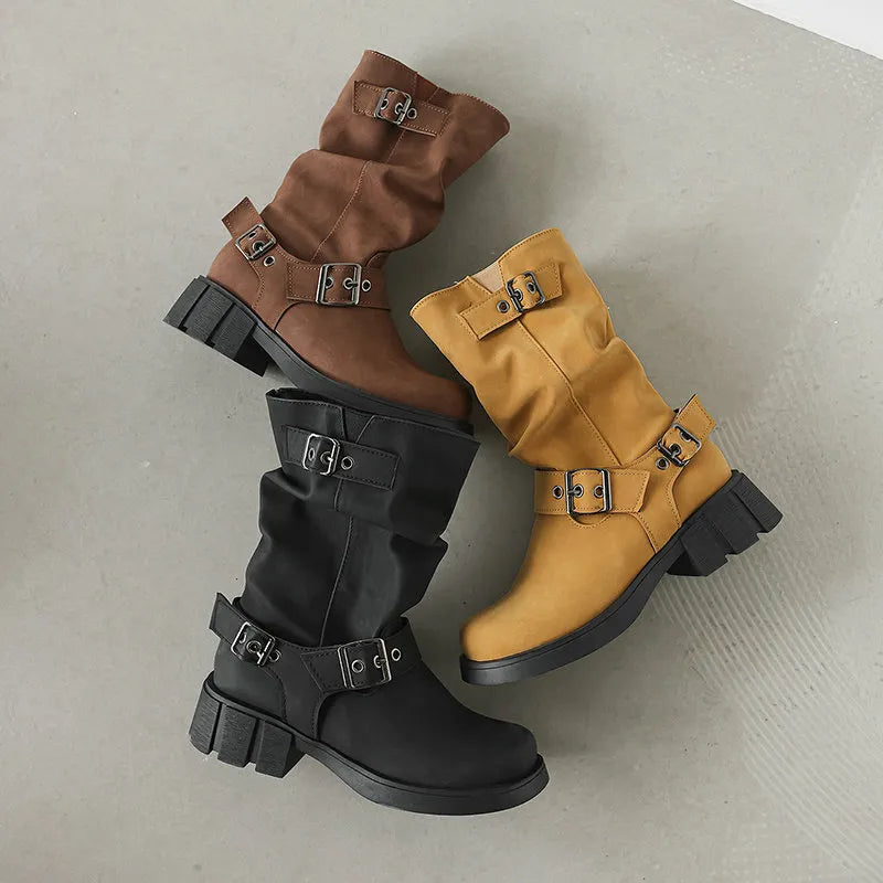 Bottes Mi-Mollet Rétro Style Western à Plateforme