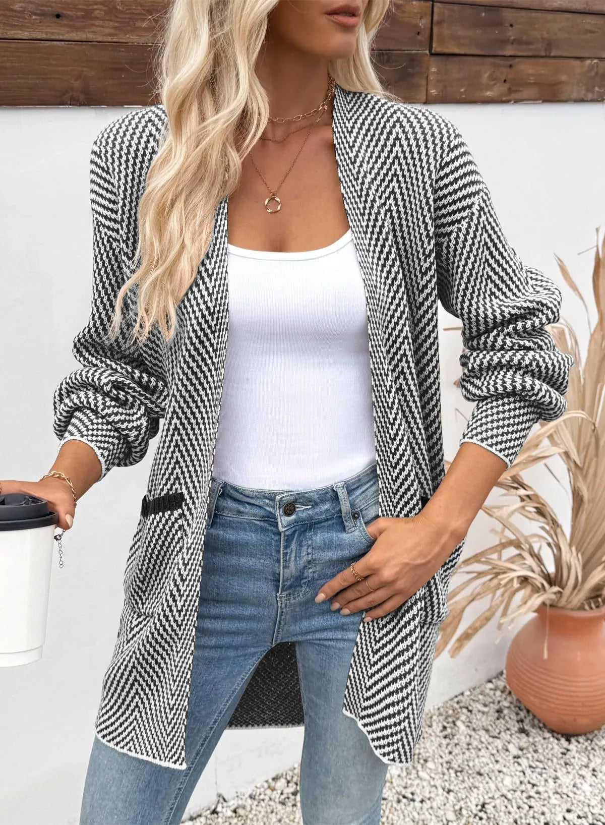 Gilet Long en Maille à Motifs Chevrons