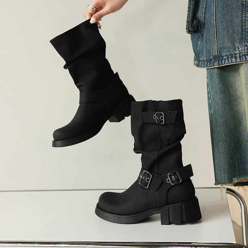 Bottes Mi-Mollet Rétro Style Western à Plateforme