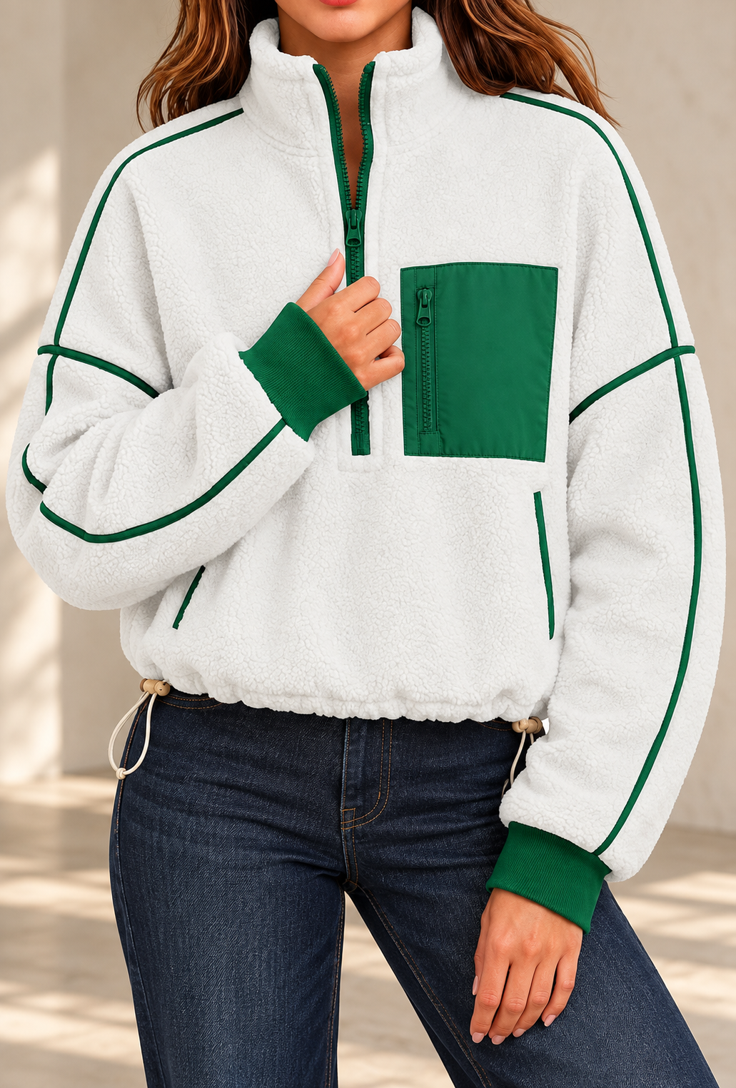 Sweat polaire blanc et vert de face