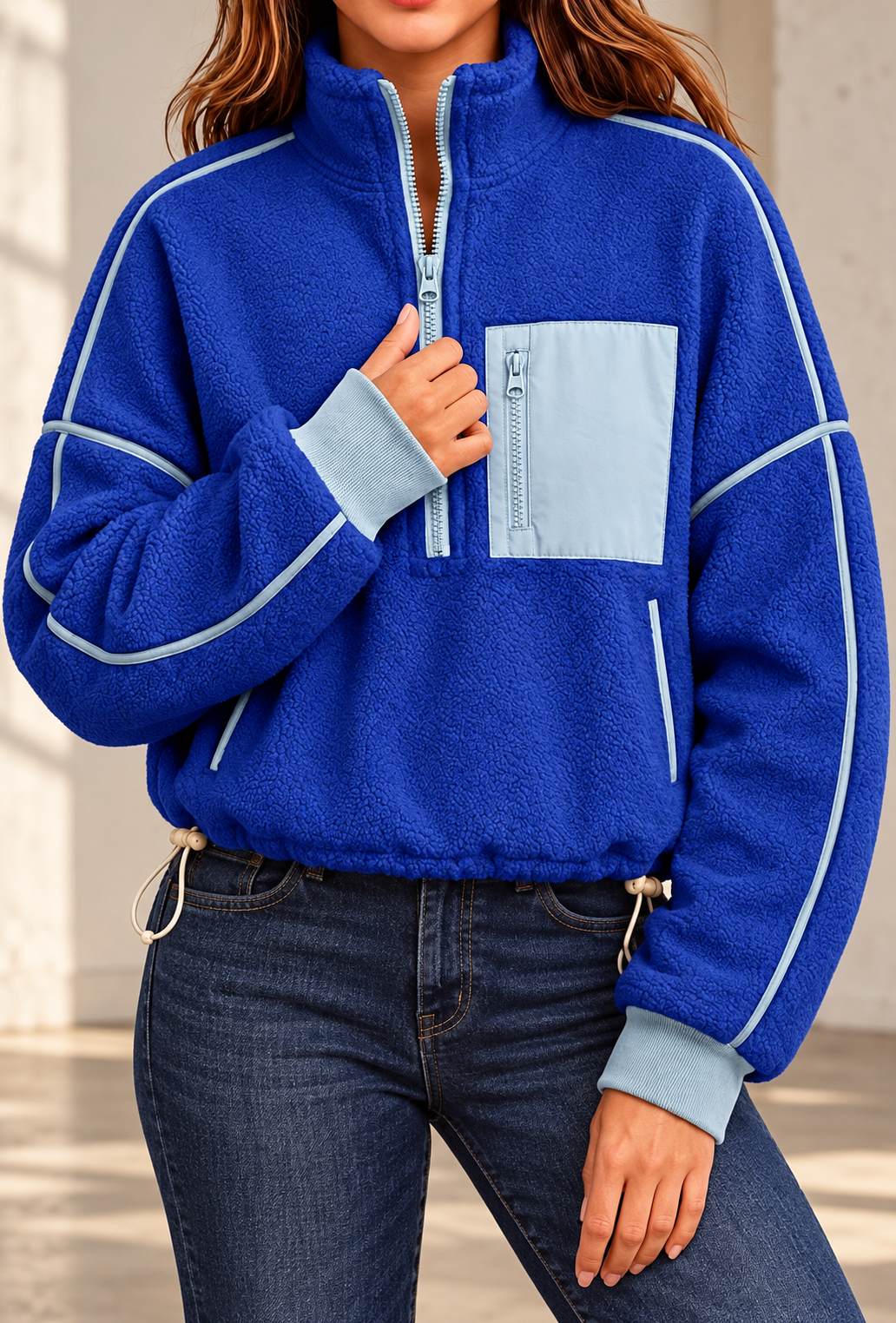 Sweat polaire bleu de face