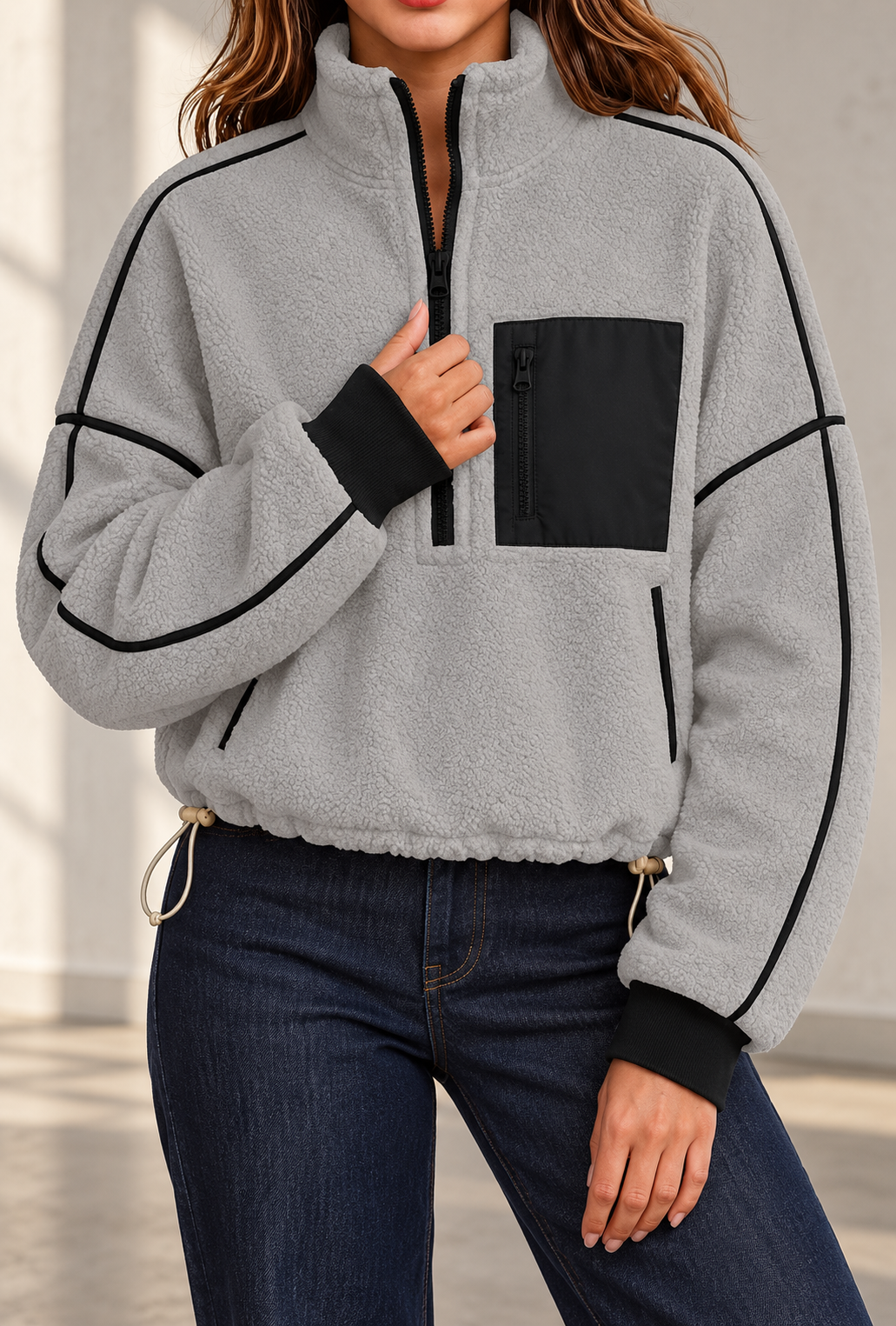 Sweat polaire gris et noir de face