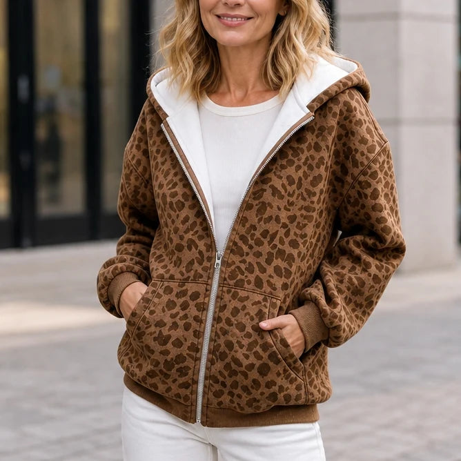 Veste Zippée à Capuche Imprimé Léopard