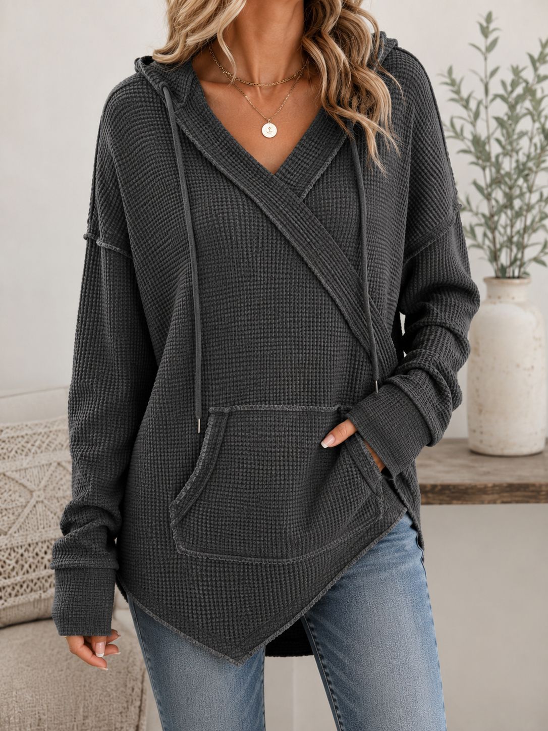 Sweat à Capuche Gaufré à Cordon — gris fonce face