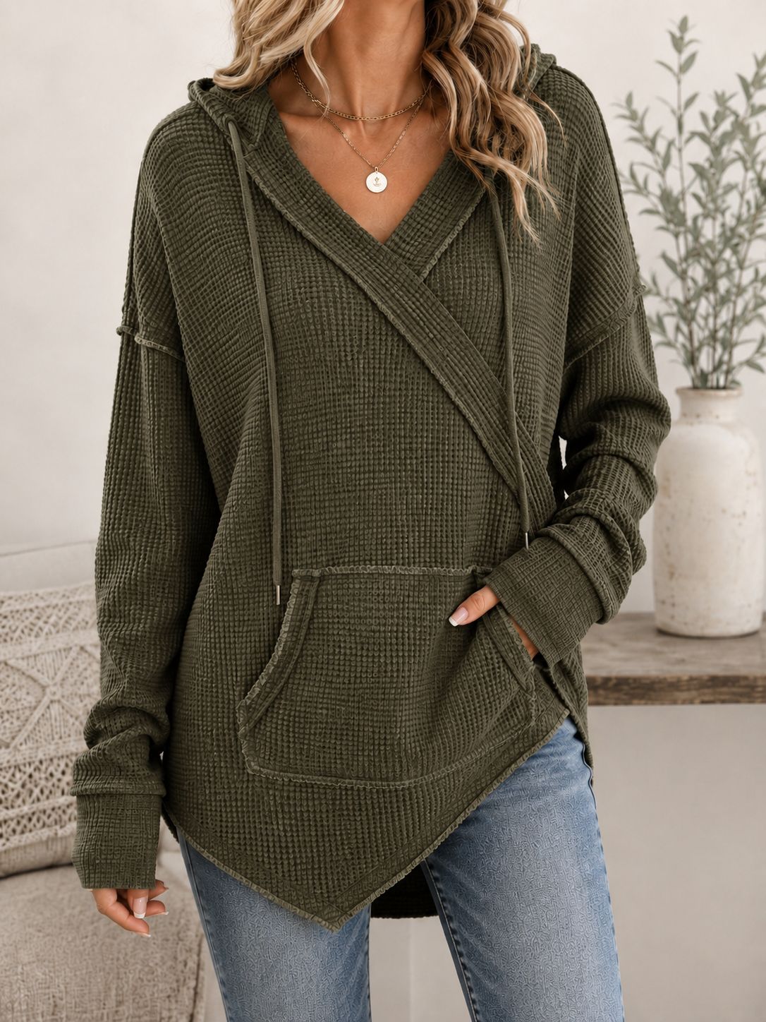 Sweat à Capuche Gaufré à Cordon — vert face